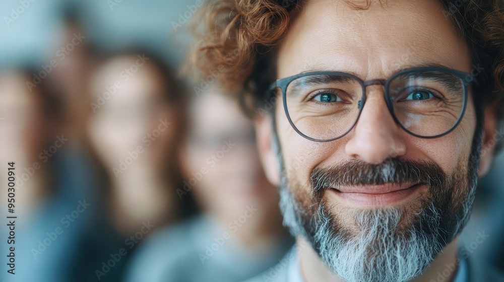 A close-up image of a smiling man with curly hair and a beard, wearing ...