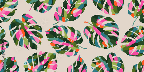 Abstract seamless tropical pattern with bright Monstera leaves on a light background, Hand drawn natural ornaments for textile, fabric, wallpaper, card, cover, poster, decoration.