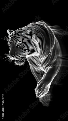 Abstract White Tiger Silhouette on Black Background