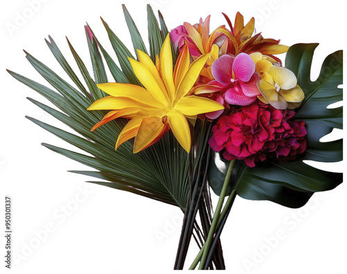 Tropical flowers and palm leaves arranged in a bouquet
