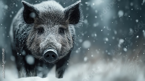 An intimate winter portrait of a wild boar with snowflakes drifting down, capturing the detail of its rugged appearance and the serene beauty of wintertime in nature.