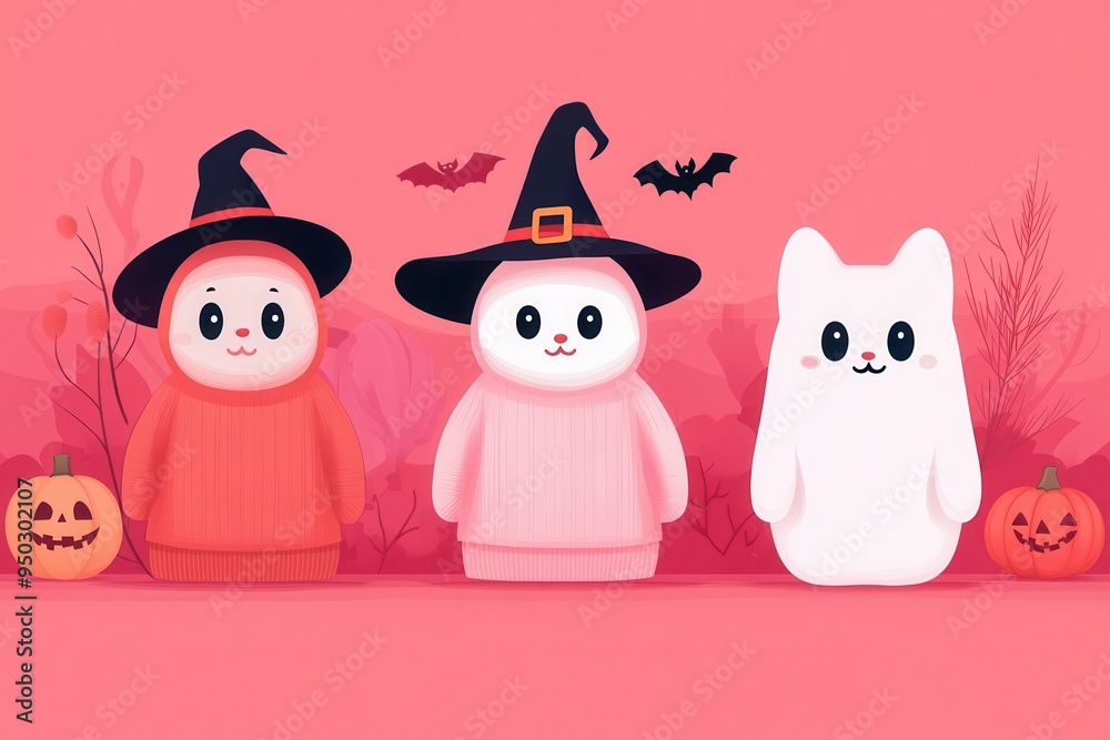 Obraz premium Three cute cartoon cats in witch hats on a festive Halloween background with pumpkins and bats.