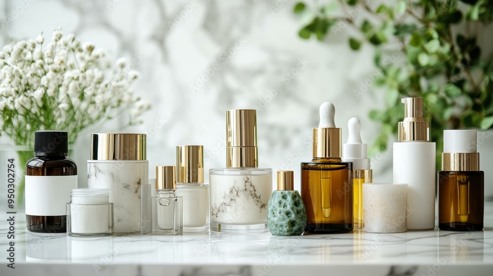 A collection of elegant skincare and beauty product bottles arranged on a marble surface with a blurred nature background, perfect for advertising, branding, and product displays,