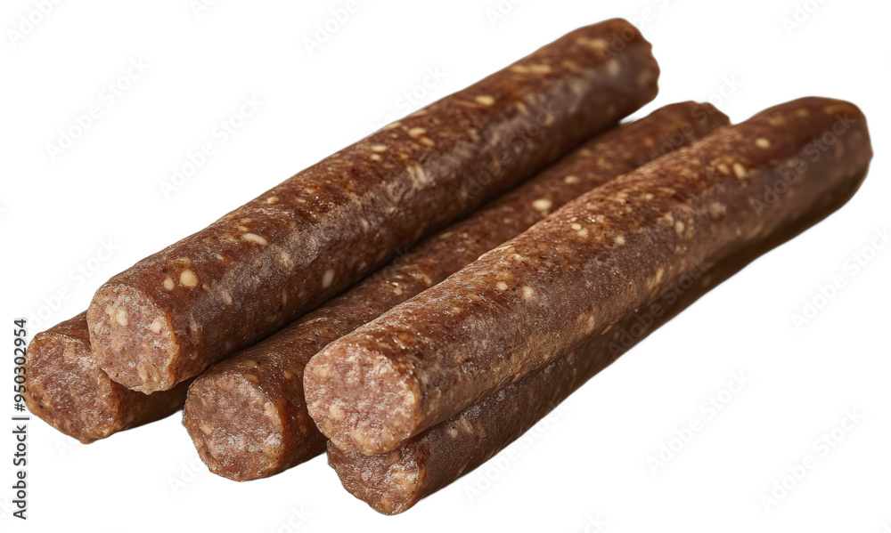 Close-up of thin brown meat sticks stacked on a table Close-up of thin brown meat sticks stacked on a table