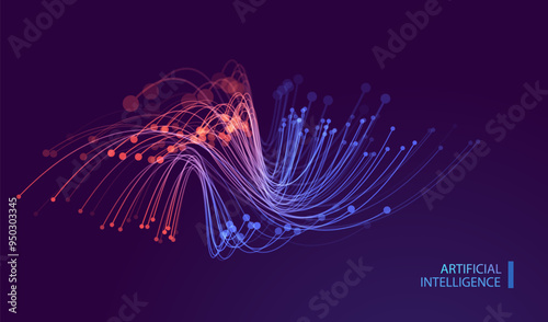 Ai technology banner blue orange background with digital lines technology light effect. Stream internet network in futuristic style. Artificial Intelligence big data illustration vector.	
