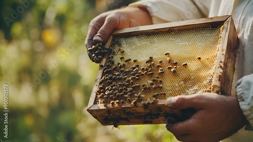Beekeeper holds an empty beehive frame with honeycombs and bees in close-up, preparing to place it in the hive on a sunny day. A man wearing a bee suit is working at his organic farm near a chestnut b