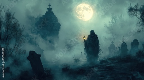 Eerie Ghostly Figure with Lantern in Foggy Graveyard at Night