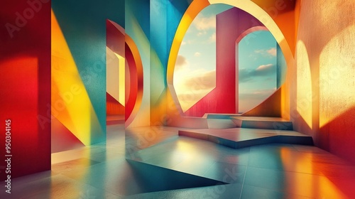 Vibrant digital art with stained glass-like colors and illusionistic perspective, photo