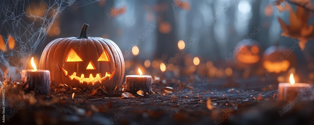 Spooky Jack-o'-lantern with glowing eyes in a dark forest setting. Spooky Jack-o'-lantern with glowing eyes in a dark forest setting.