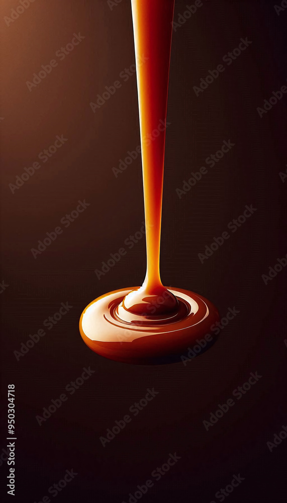 A close-up minimalist image of rich, golden-brown caramel sauce being poured, highlighting its glossy texture and smooth flow