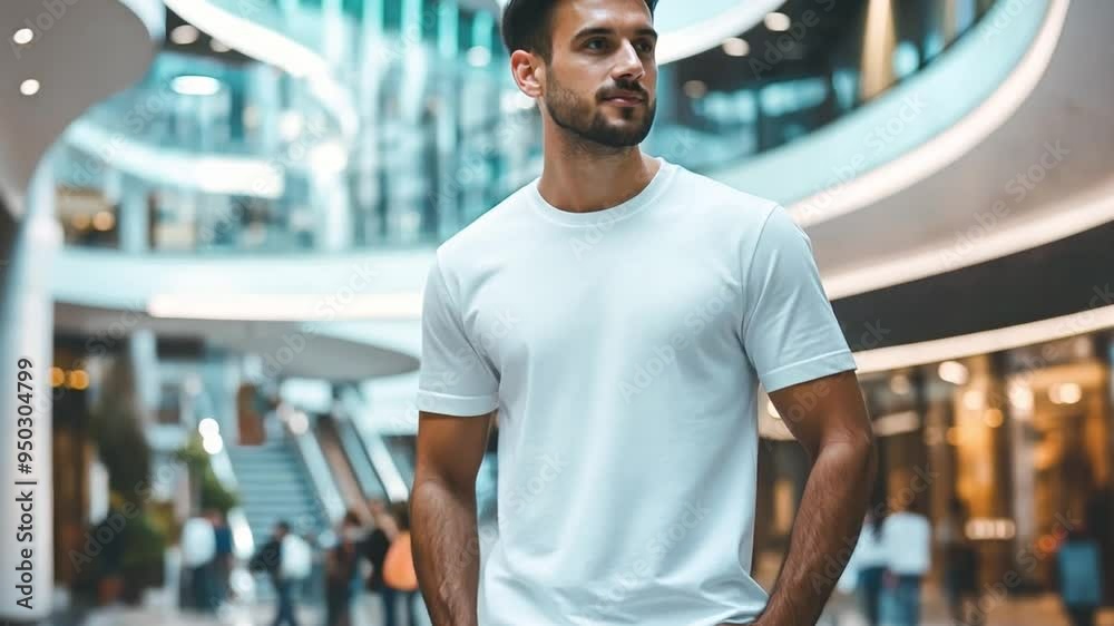 A man dressed in a plain white t-shirt and blue jeans strolls through a contemporary shopping mall filled with natural light. Shoppers can be seen in the background. A man dressed in a plain white t-shirt and blue jeans strolls through a contemporary shopping mall filled with natural light. Shoppers can be seen in the background.