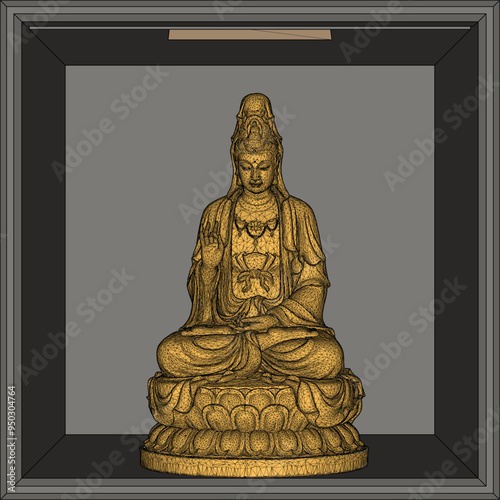 Vector sketch illustration of traditional wisdom goddess statue decoration design giving blessing on lotus leaf