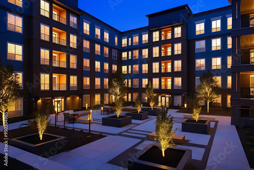 A serene twilight view of a well-lit apartment complex, with glowing windows and balconies, modern pathways, and softly illuminated trees