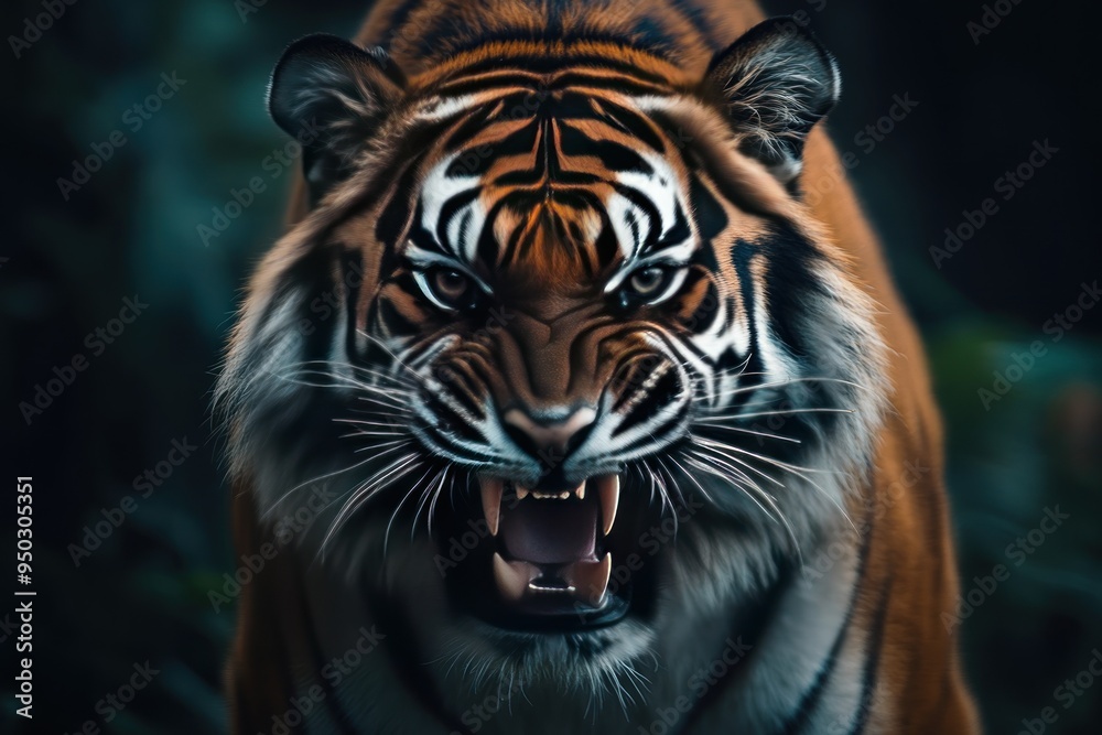 A Close-up of a Roaring Tiger with Intense Eyes A Close-up of a Roaring Tiger with Intense Eyes