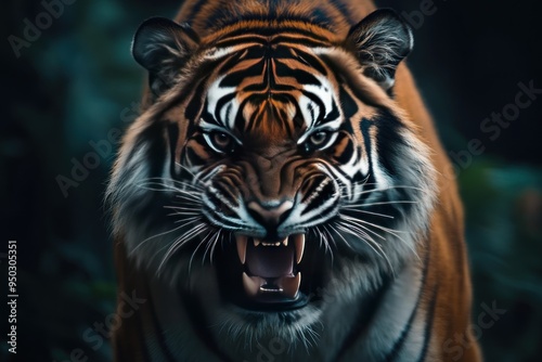 A Close-up of a Roaring Tiger with Intense Eyes photo