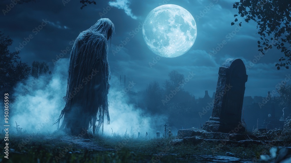 Ethereal Ghost in Tattered Cloak Standing Near Grave under Moonlight with Drifting Fog - Spooky Cemetery Scene Ethereal Ghost in Tattered Cloak Standing Near Grave under Moonlight with Drifting Fog - Spooky Cemetery Scene
