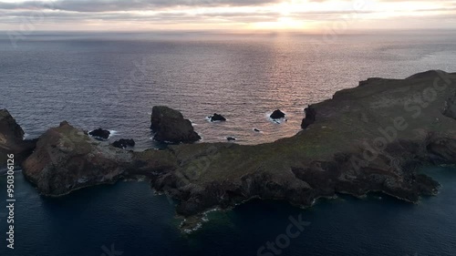 Aerial view of Ponta de Sao Lourenco, Madeira island, Portugal. Brown-green rocks in the ocean - Madeira easternmost point photo