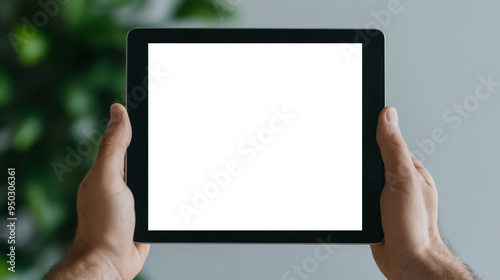 Close-up of hands holding a tablet with a blank white screen, ready for content display, against a blurred natural background.