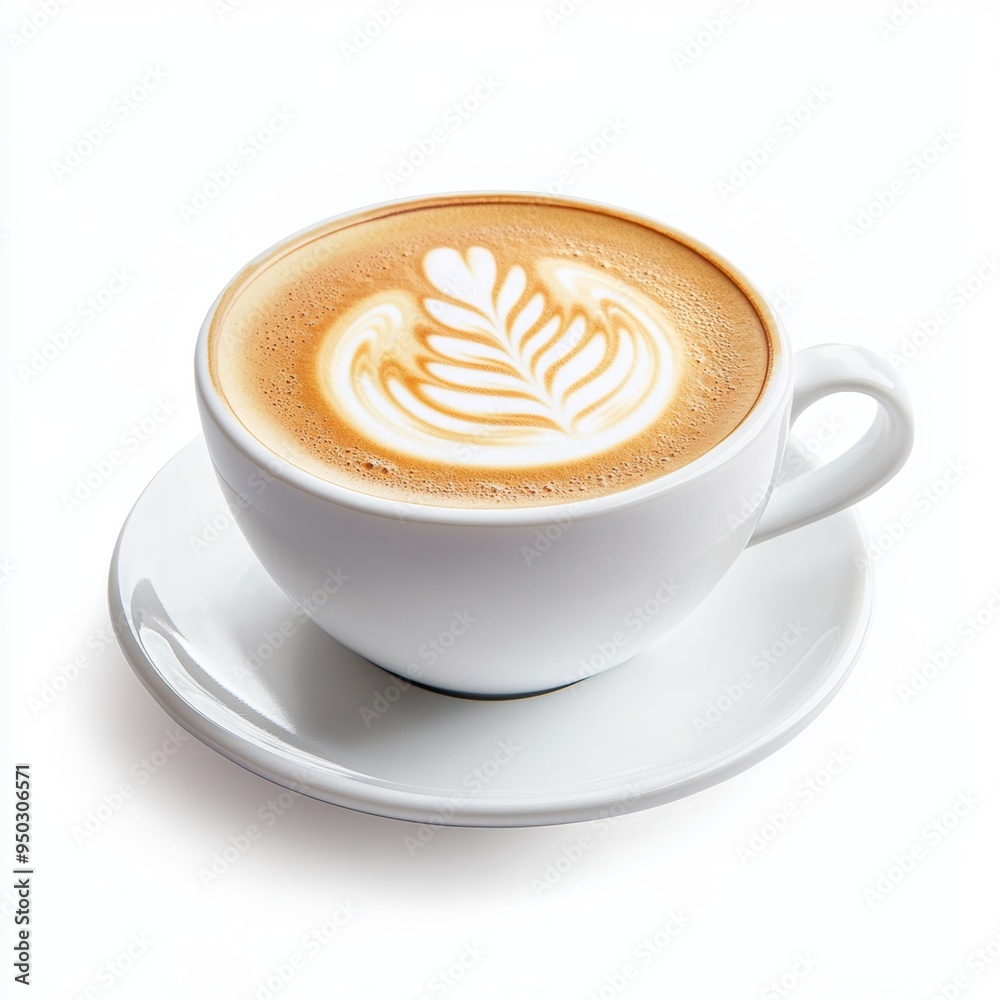 Freshly brewed coffee with latte art, mindfulness in the morning ritual, soft tones, isolated on white background Freshly brewed coffee with latte art, mindfulness in the morning ritual, soft tones, isolated on white background