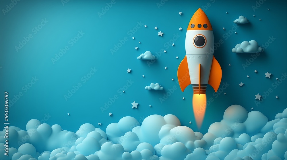 3D rocket in the sky background Going up quickly. Startup Background.
