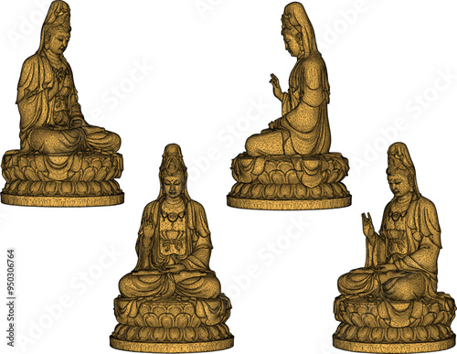 Vector sketch illustration of traditional wisdom goddess statue decoration design giving blessing on lotus leaf