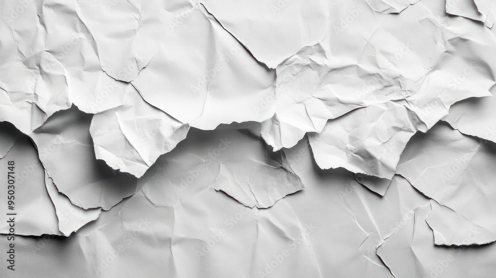 Close-up of crumpled paper with torn edges, against a light grey background. Close-up of crumpled paper with torn edges, against a light grey background.