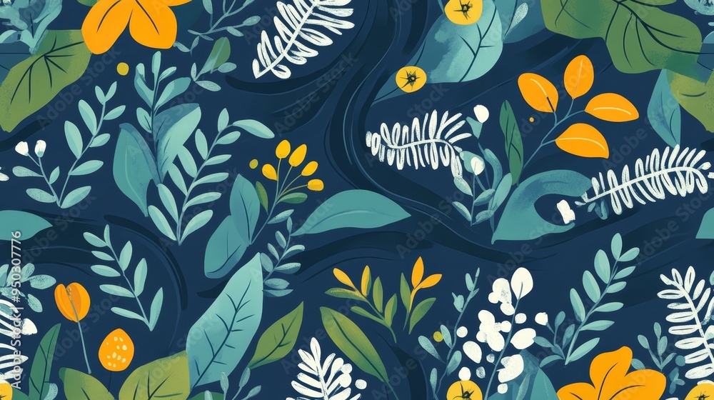 Abstract Floral Pattern with Yellow and Blue Flowers Green and White Leaves on Dark Blue Background Abstract Floral Pattern with Yellow and Blue Flowers Green and White Leaves on Dark Blue Background