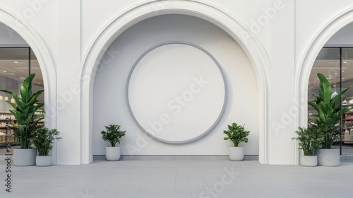 A circular signboard mockup on a storefront in a busy urban area, with reflections of skyscrapers and streetlights in the glass windows