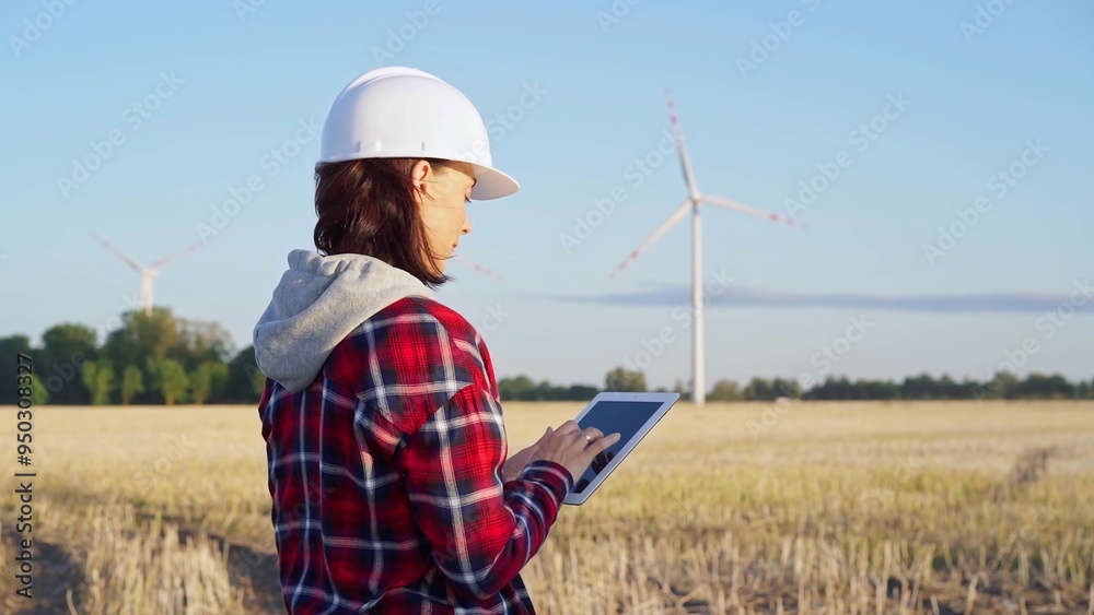 Woman engineer wearing a white protective helmet is taking notes with a tablet computer on a field with wind turbines, as the sun sets. Clean energy and engineering concept Woman engineer wearing a white protective helmet is taking notes with a tablet computer on a field with wind turbines, as the sun sets. Clean energy and engineering concept
