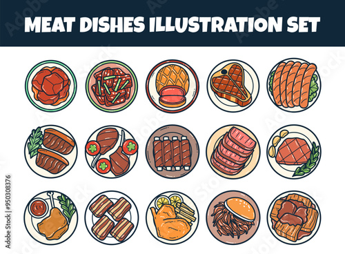 Meat dishes top view vector illustration set