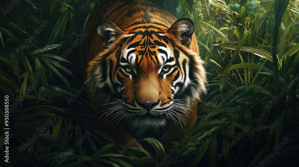 Tiger's Intense Gaze Through Lush Jungle Foliage Tiger's Intense Gaze Through Lush Jungle Foliage