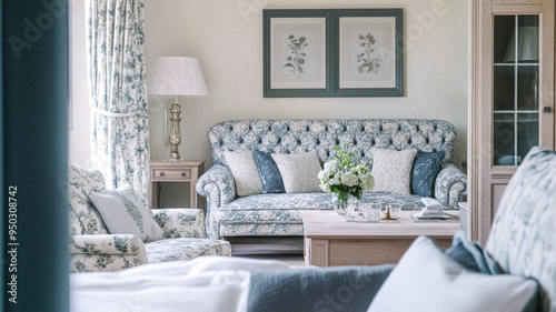 Elegant cottage or country house room, interior design and home decor, furniture and soft furnishing fabric and upholstery, English countryside style idea