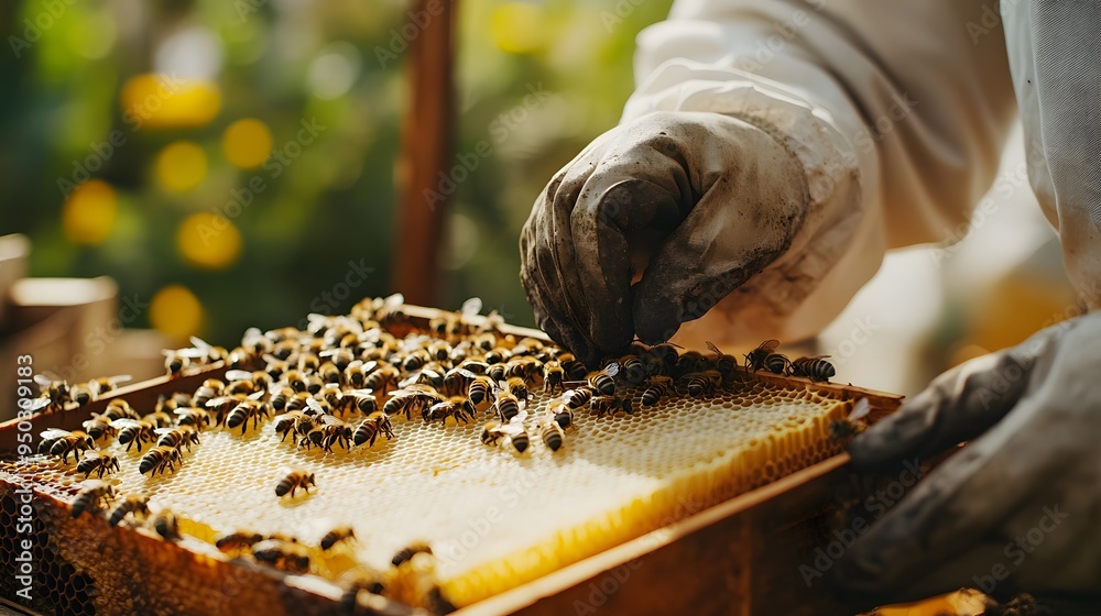 Beekeeper holds an empty beehive frame with honeycombs and bees in close-up, preparing to place it in the hive on a sunny day. A man wearing a bee suit is working at his organic farm near a chestnut b