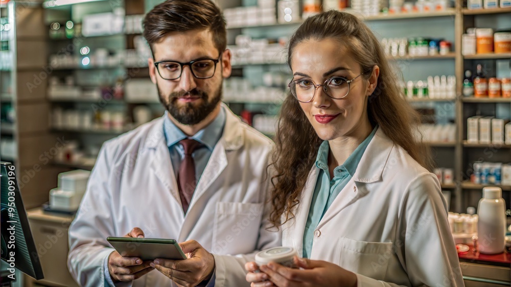portrait of a female pharmacist male colleague women portrait of a female pharmacist male colleague women