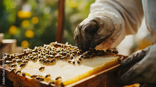 Beekeeper holds an empty beehive frame with honeycombs and bees in close-up, preparing to place it in the hive on a sunny day. A man wearing a bee suit is working at his organic farm near a chestnut b photo