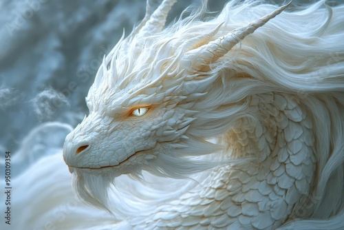 majestic white dragon with pearlescent scales coiled around crystalline spire ethereal mist swirling eyes glowing with ancient wisdom photo