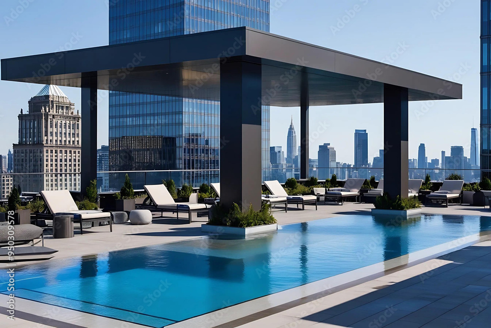 Obraz premium Rooftop Infinity Pool Oasis: Luxurious Vacation Estate with Stunning City Skyline and Modern Architecture Design
