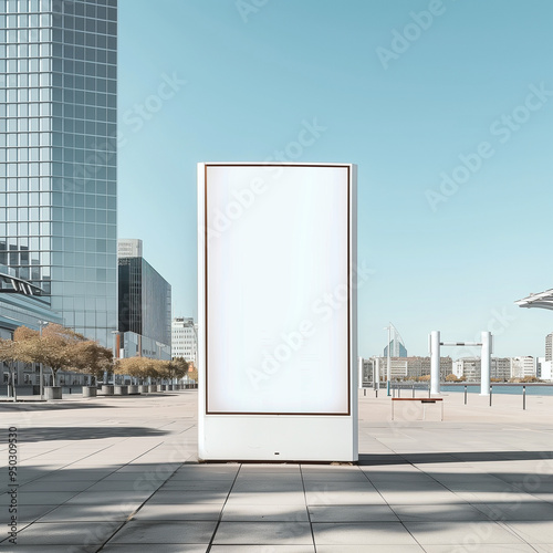 A blank digital billboard mockup stands in a bustling urban environment, surrounded by skyscrapers and cityscape, ready for advertising.