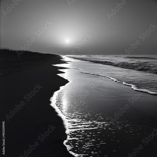 Black-and-white image of a deserted beach at dawn, with gentle waves and the interplay of light and shadow creating a peaceful, timeless scene photo