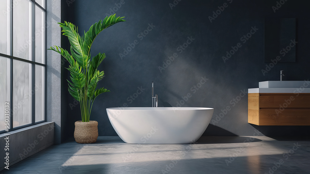 Modern minimalist bathroom design with freestanding bathtub and indoor plant in a sunlit interior Modern minimalist bathroom design with freestanding bathtub and indoor plant in a sunlit interior