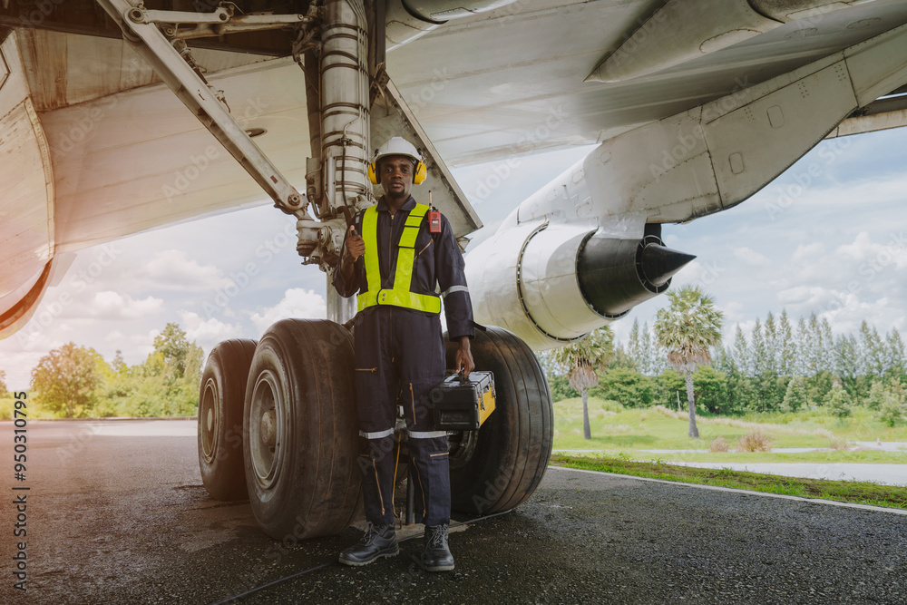 Mechanics inspect the engines of a large plane before takeoff at a summer airport. Mechanics inspect the engines of a large plane before takeoff at a summer airport.