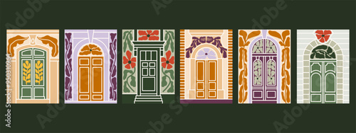European historical doors vector illustrations. Old town facades. Traditional architecture graphic