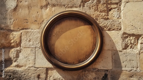 A circular signboard with a brushed bronze frame, mounted on a sandstone wall in a historic town square