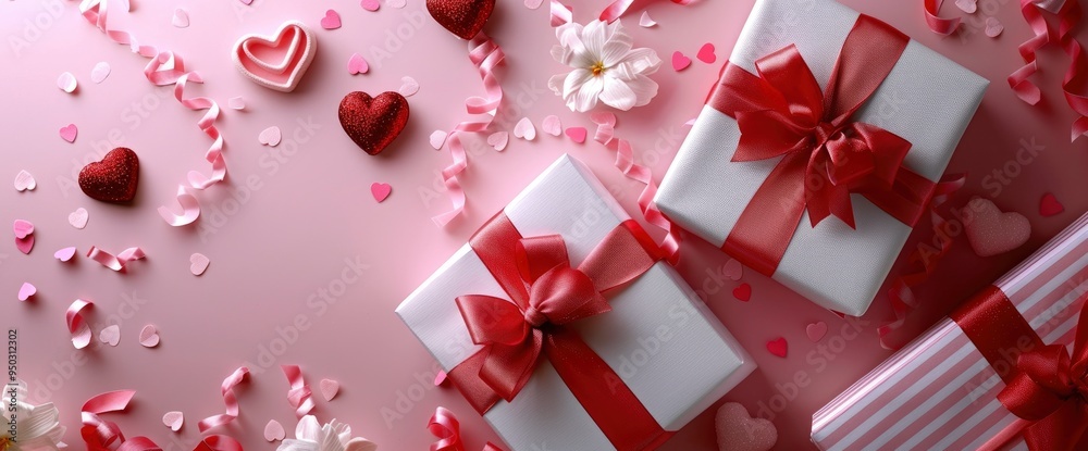 Valentine's Day Gifts with Hearts and Ribbons on Pink Background