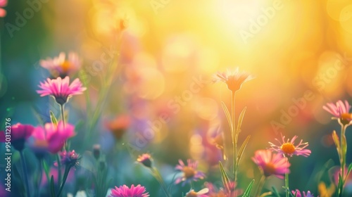 Nature background. Beautiful summer meadow background. Inspirational nature, field of flowers with a bright sun shining on them. flowers are yellow and pink. Scene is cheerful and peaceful
