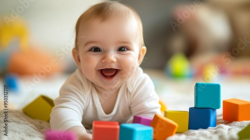 A joyful baby playing with a set of colorful blocks, sitting on a soft surface with bright and cheerful surroundings.