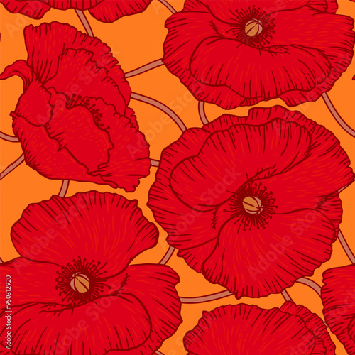 Art floral vector seamless pattern. Red poppies with orange leaves isolated o...