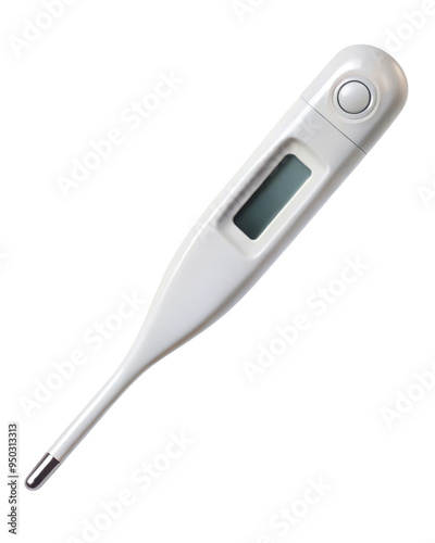 Digital medical thermometer with an LCD display, designed for accurate body temperature measurement. The device features a sleek design and a clear display. Isolated on transparent background, png.