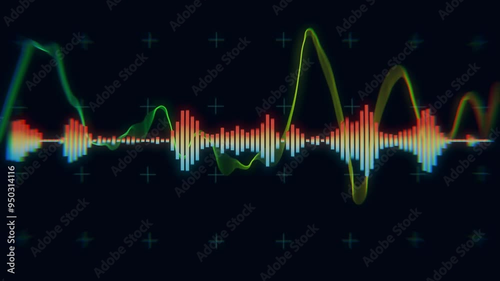 A colorful looping digital sound wave visualization featuring a dynamic waveform against a dark background.