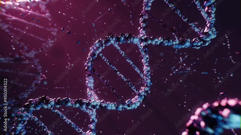 3D animation of a rotating DNA helix, set in a molecular environment with floating particles.